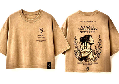 T-Shirt-Motiv Beweisstück 001: erhobene Hand als Stoppzeichen mit Schriftzug Mein Körper. Meine Rechte. Mein Leben.