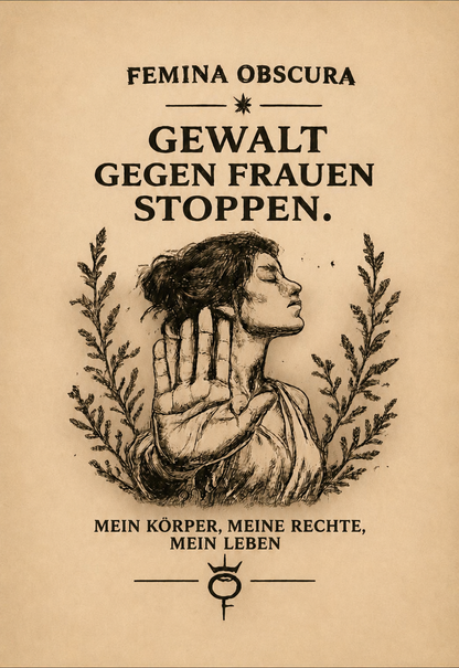 Motiv-Illustration Gewalt gegen Frauen stoppen: Frau mit erhobener Hand, umrahmt von Zweigen