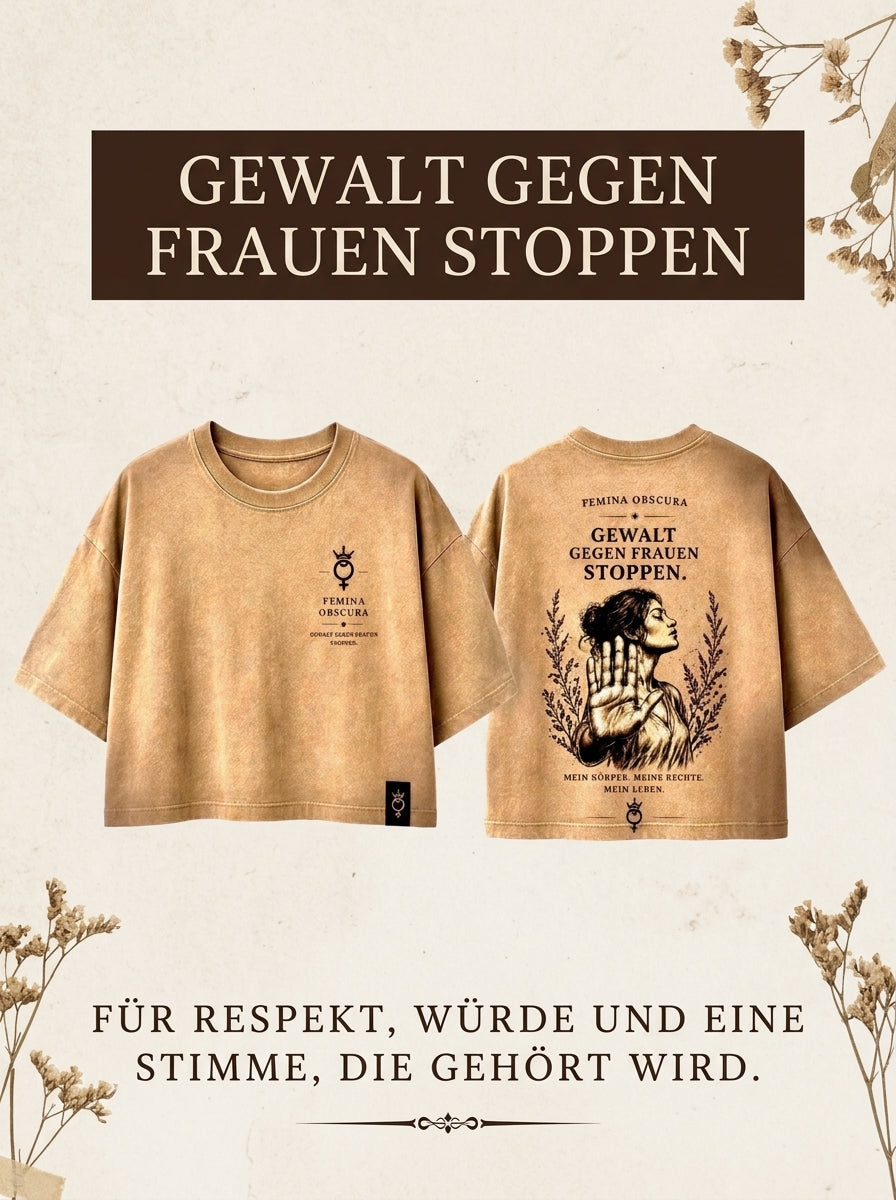 Lookbook-Karte Gewalt gegen Frauen stoppen: Shirt Vorder- und Rückseite mit Claim