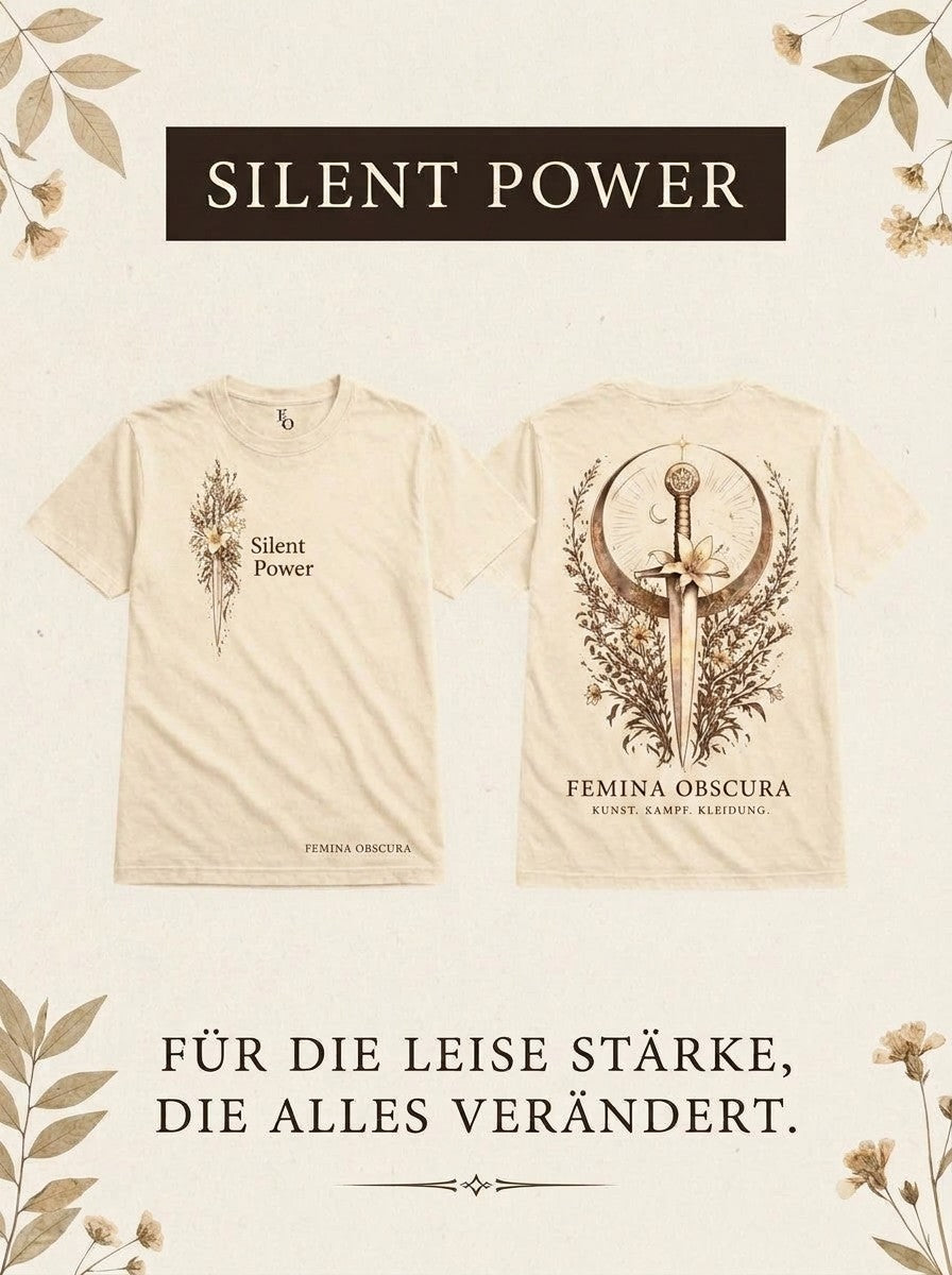 Design Silent Power: cremefarbenes Shirt, Vorder- und Rückseite mit Dolch-Lilien-Motiv, Femina Obscura