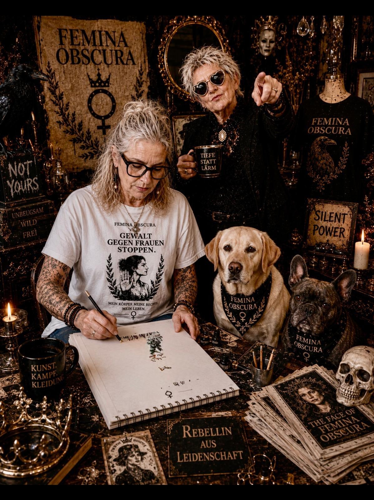 Die beiden Gründerinnen von Femina Obscura an ihrem Atelier-Tisch mit ihren Hunden, umgeben von Motiv-Postern und Shirts