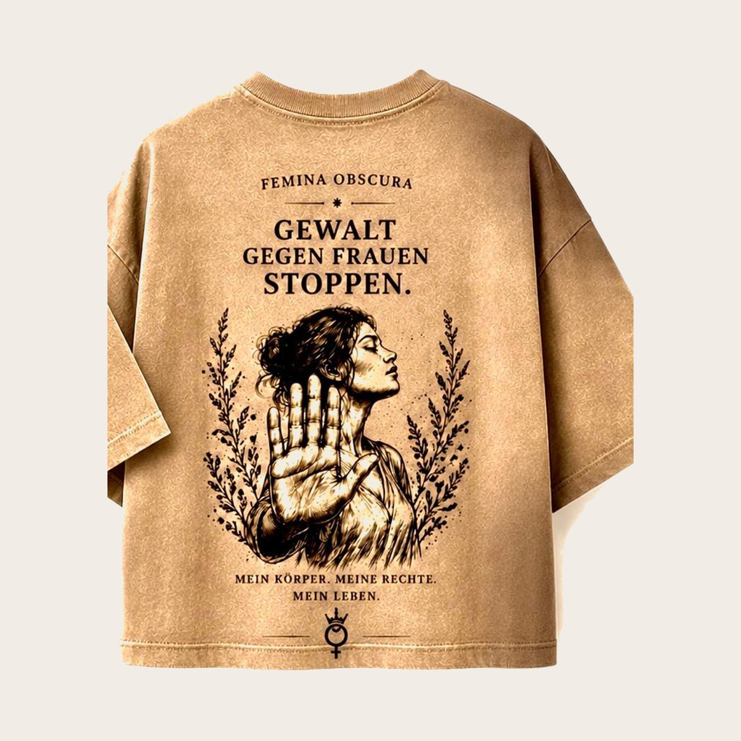 Beweisstück 001 – Gewalt gegen Frauen stoppen, T-Shirt Rückseite mit Motiv der erhobenen Hand
