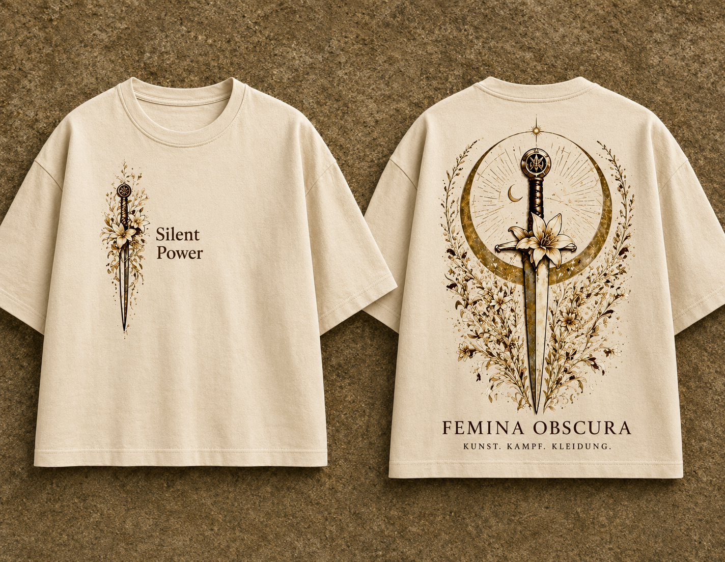 Silent-Power-Shirt in Creme, Vorder- und Rückseite: vorne links kleines Dolch-Lilien-Motiv mit Schriftzug Silent Power, hinten großes Motiv mit FEMINA OBSCURA